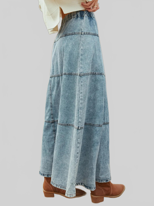 Women Button-Front Tiered Maxi Denim Skirt NicholesGifts