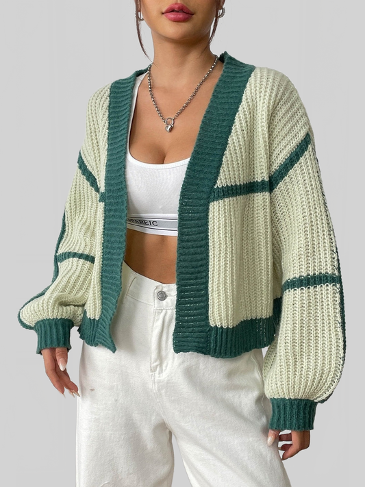 Women Contrast Open Front Long Sleeve Cardigan NicholesGifts