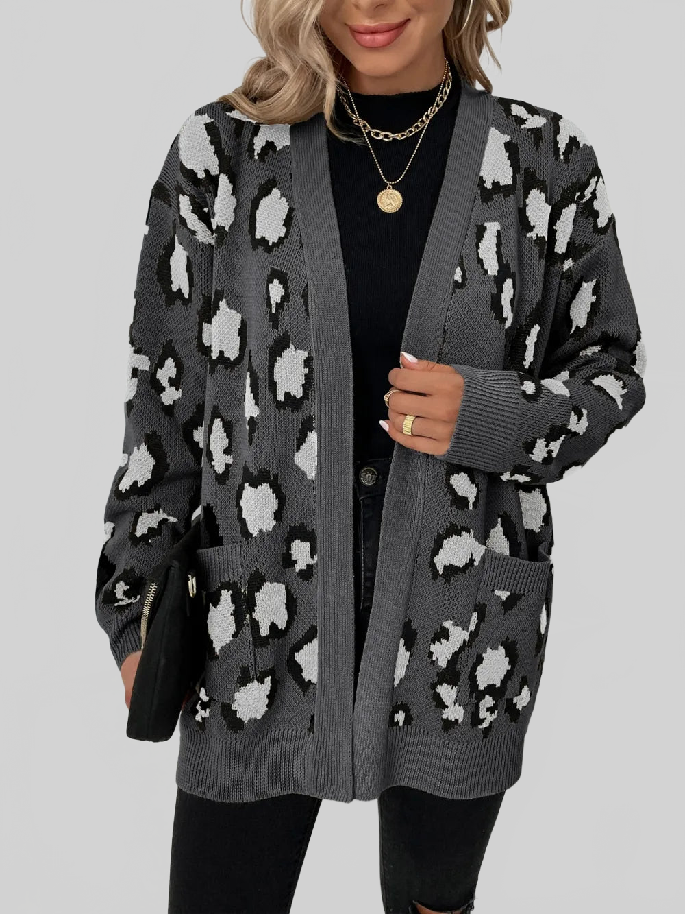 Women Leopard Open Front Dropped Shoulder Cardigan nicholesgifts