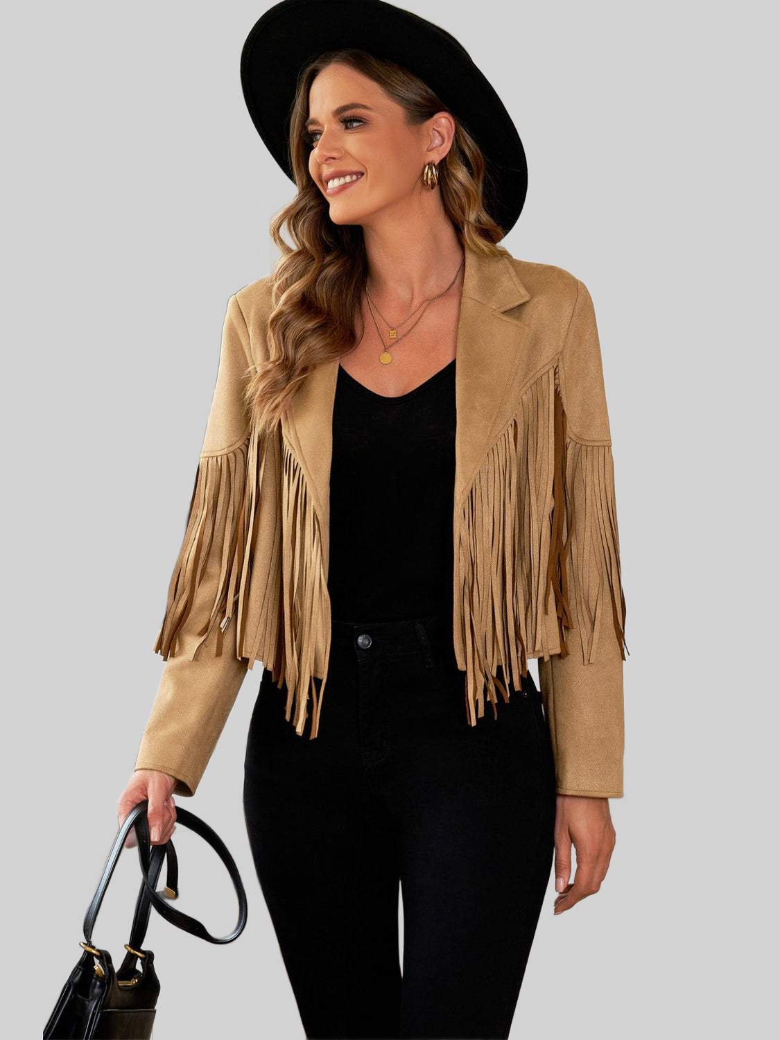Fringe Trim Lapel Collar Cropped Blazer NicholesGifts
