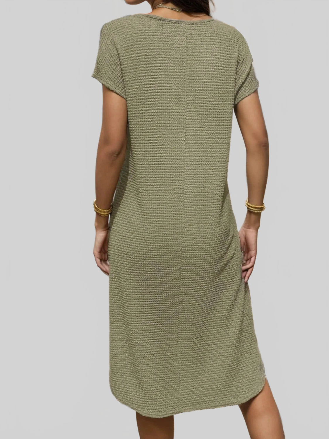 Waffle-Knit Cap Sleeve Knee Length Dress nicholesgifts