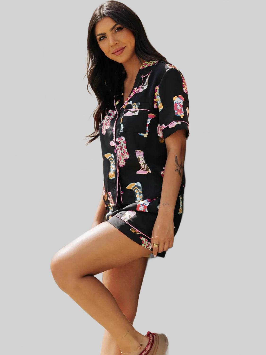 Printed Button Up Short Sleeve Top and Shorts Lounge Set nicholesgifts
