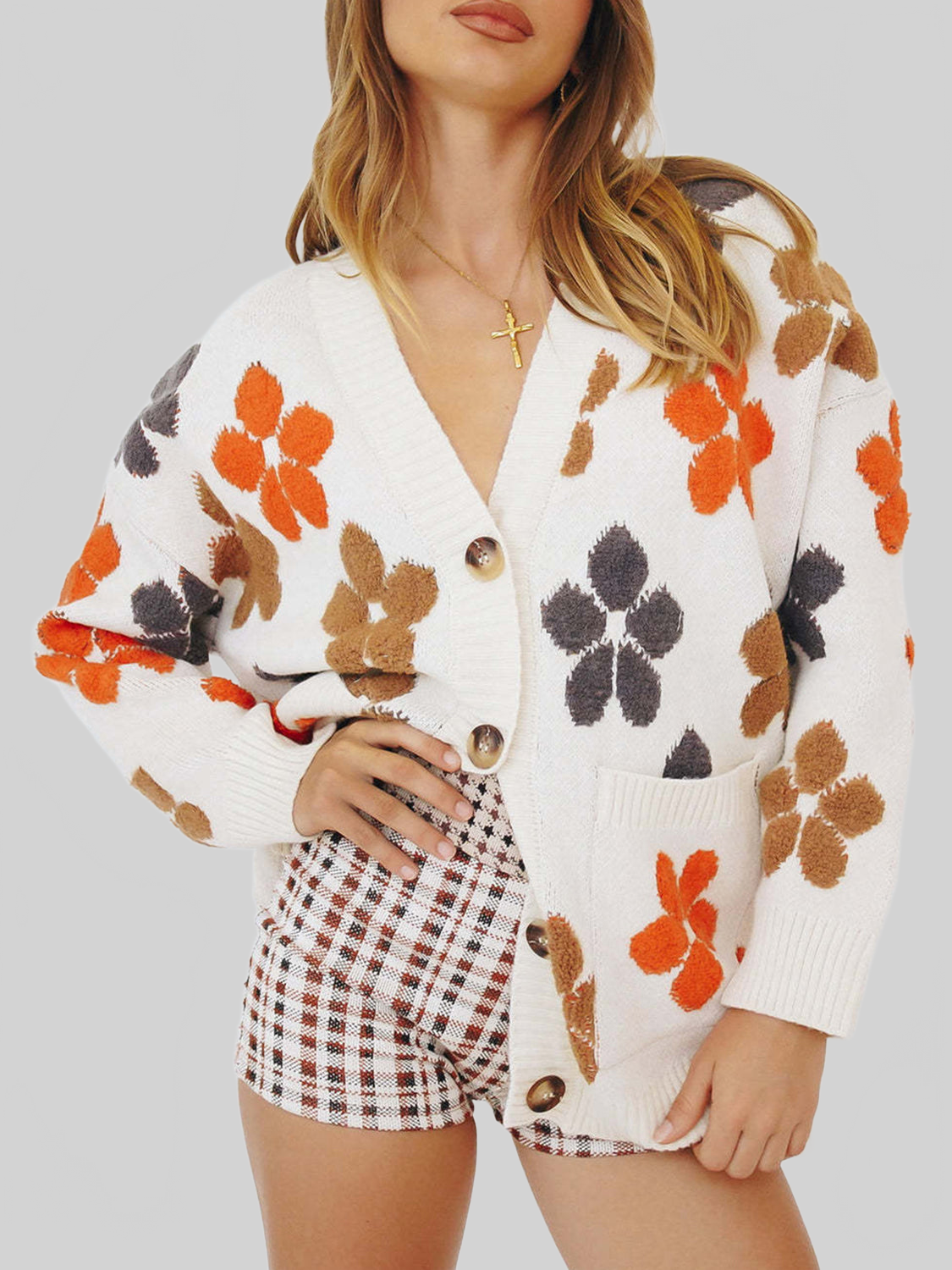 Women Floral V-Neck Button Up Long Sleeve Cardigan nicholesgifts