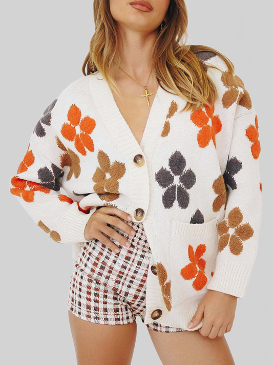 Women Floral V-Neck Button Up Long Sleeve Cardigan nicholesgifts