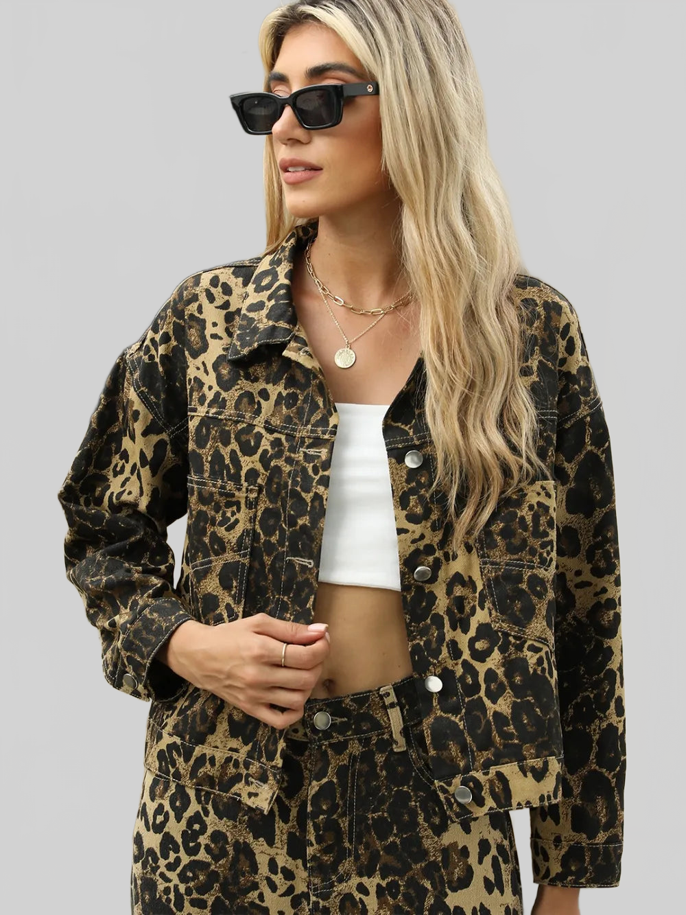 Pocketed Leopard Long Sleeve Denim Jacket nicholesgifts
