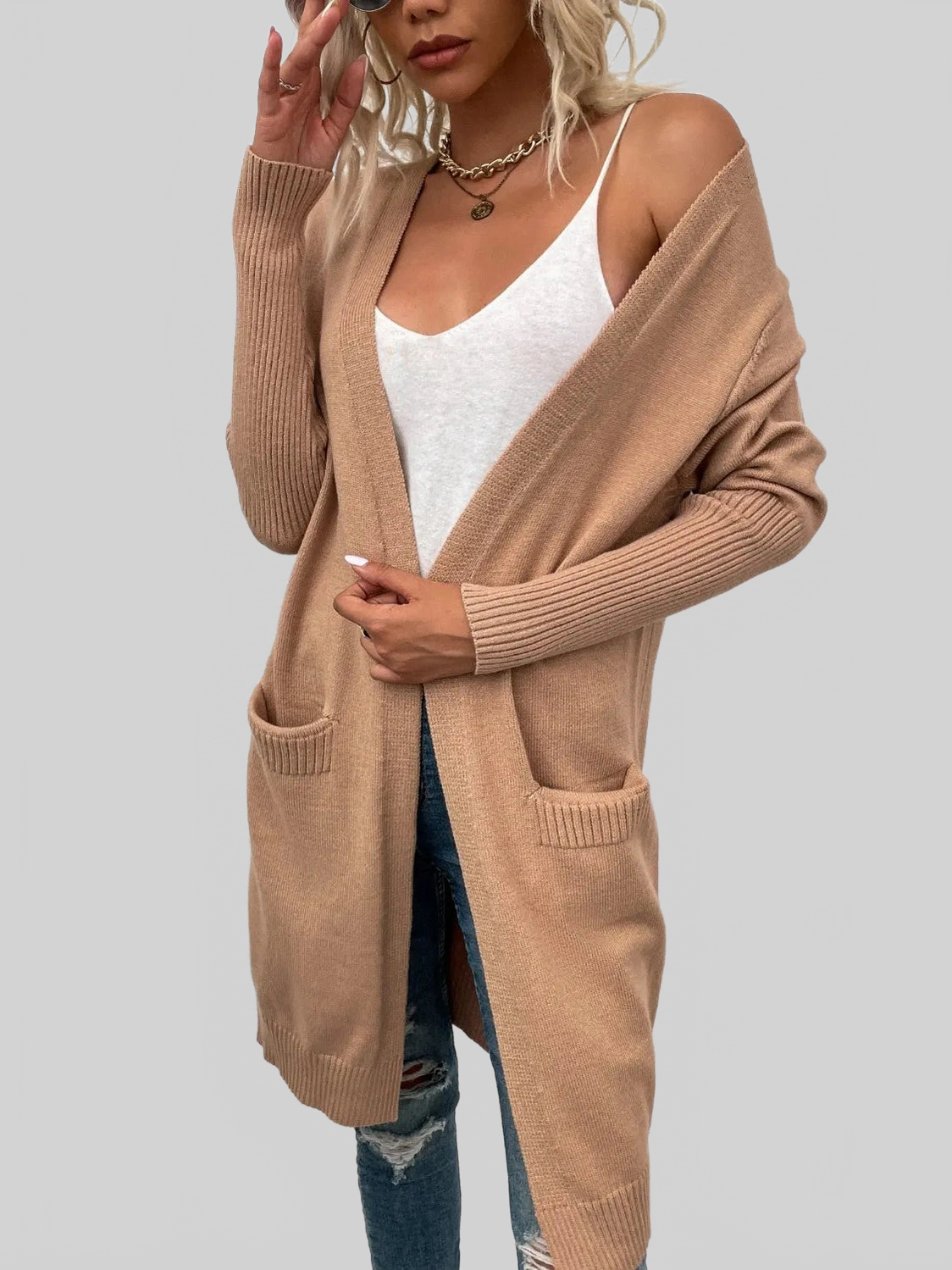 Open Front Long Sleeve Cardigan with Pockets nicholesgifts