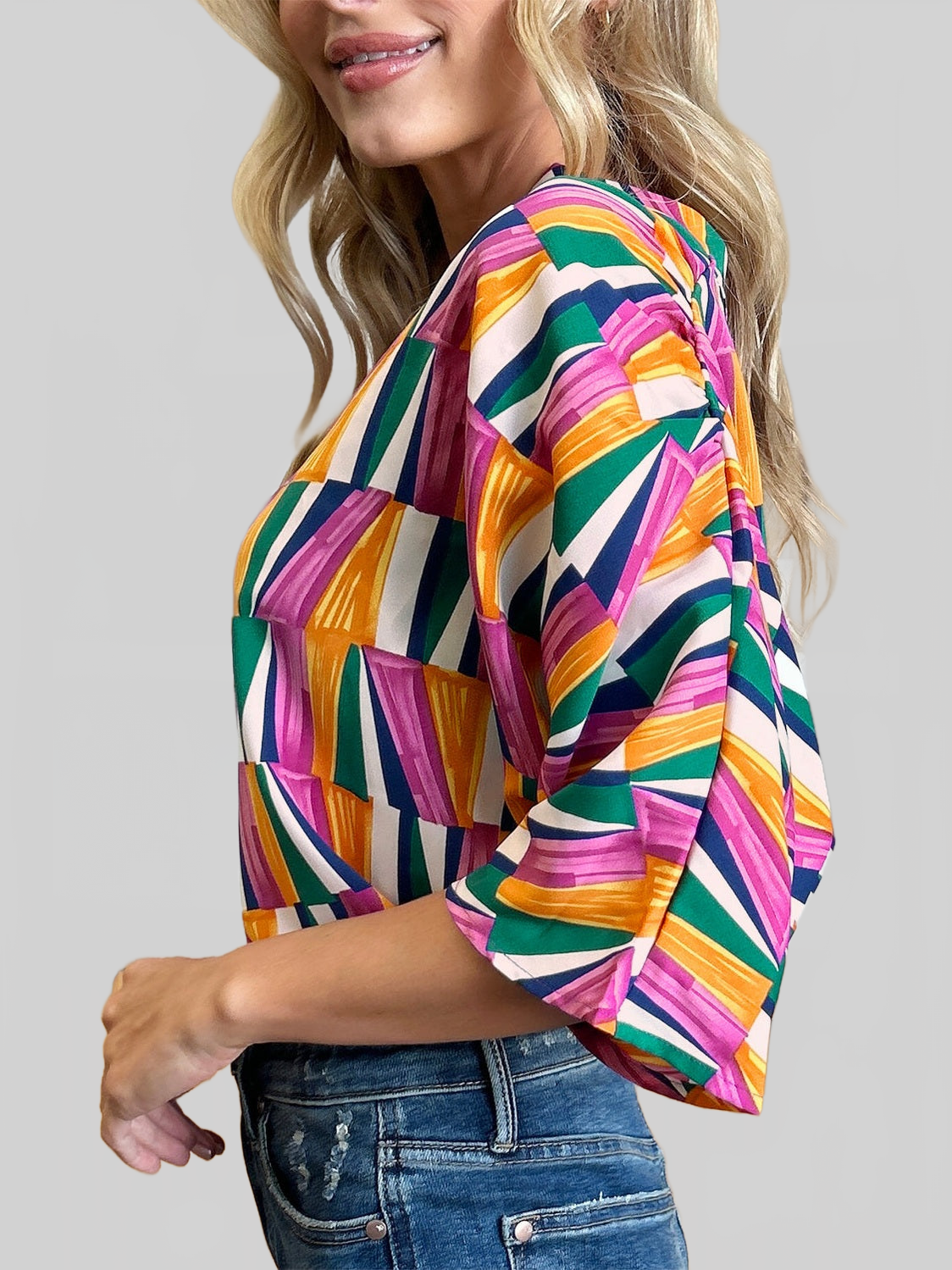 Women Double Take Full Size Geometric Notched Dolman Sleeve Top nicholesgifts