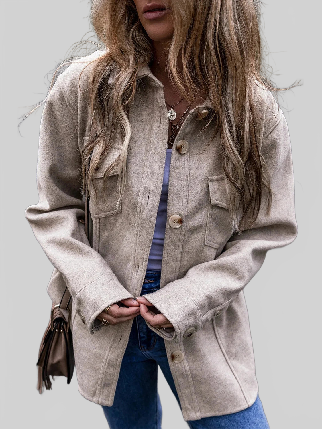 Button Up Collared Neck Long Sleeve Jacket NicholesGifts