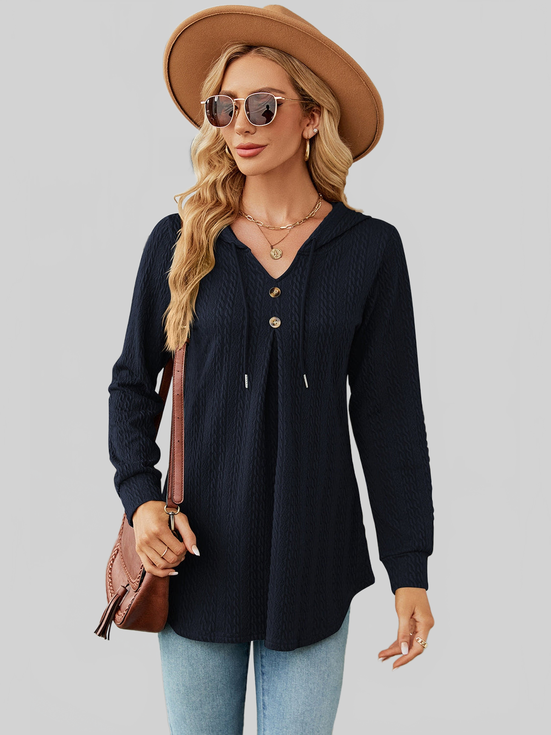 Women Decorative Button Drawstring Long Sleeve Hoodie nicholesgifts