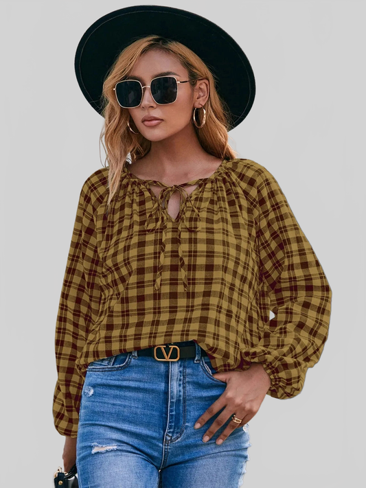 Ivy Lane Plaid Tie Neck Balloon Sleeve Blouse NicholesGifts