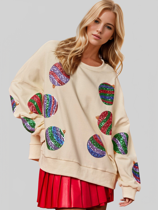 Women Double Take Christmas Element Sequin Round Neck Long Sleeve Sweatshirt NicholesGifts