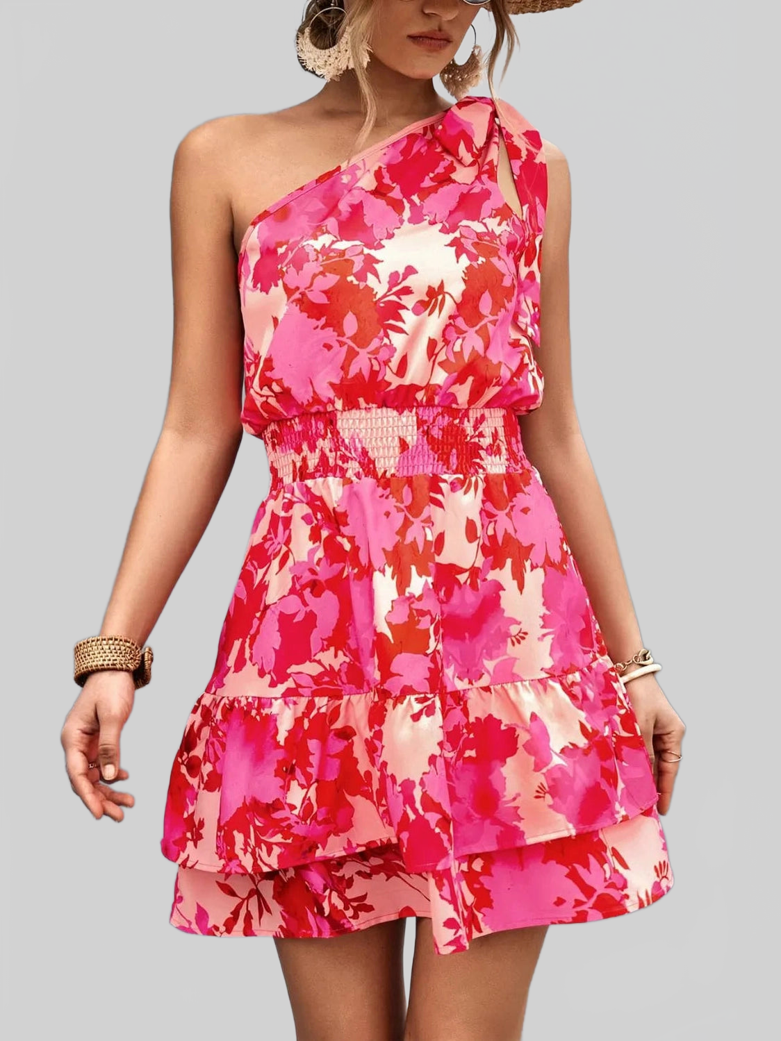 Tied Smocked Printed Single Shoulder Dress nicholesgifts