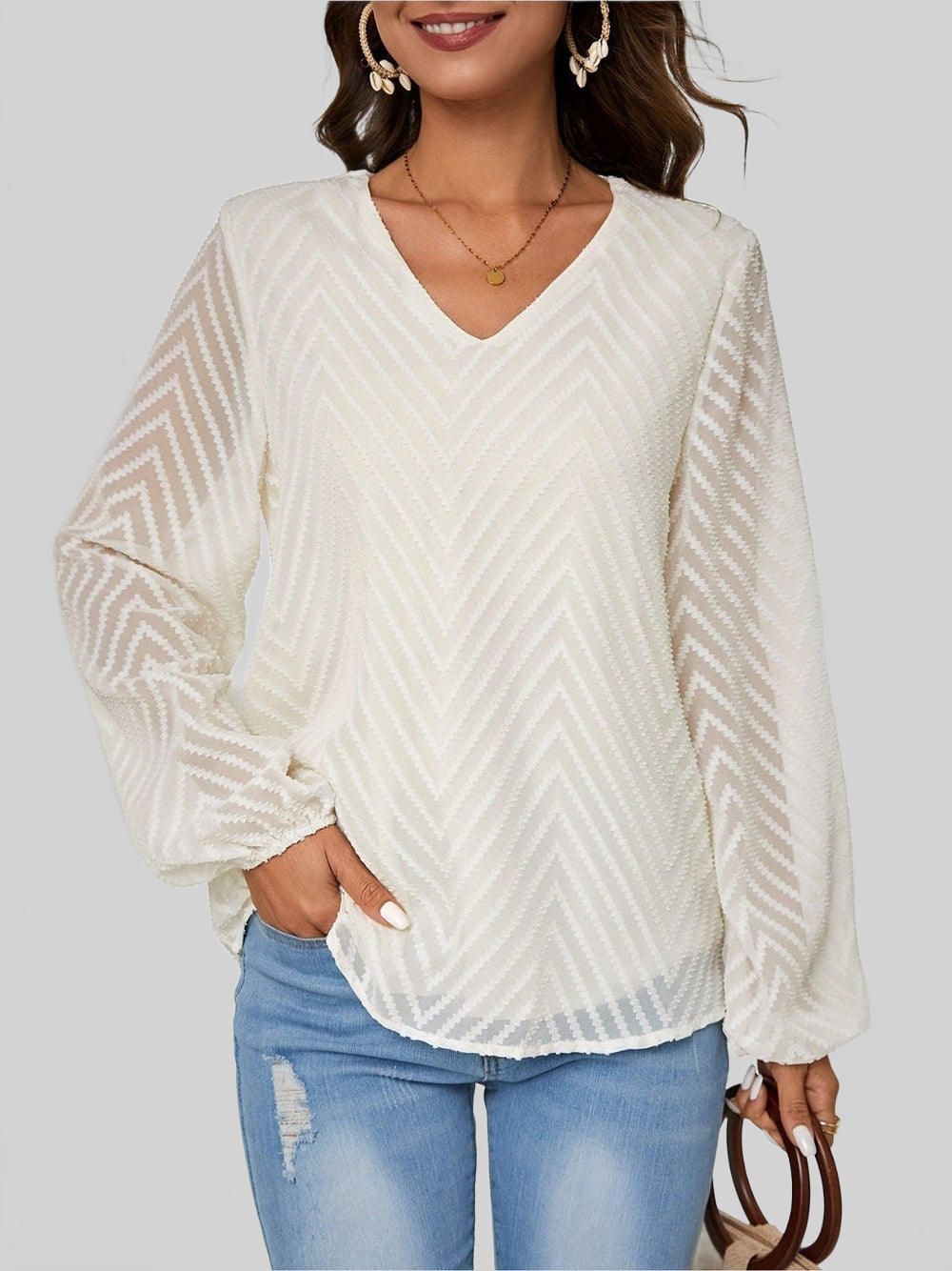 Women Textured V-Neck Balloon Sleeve Blouse NicholesGifts