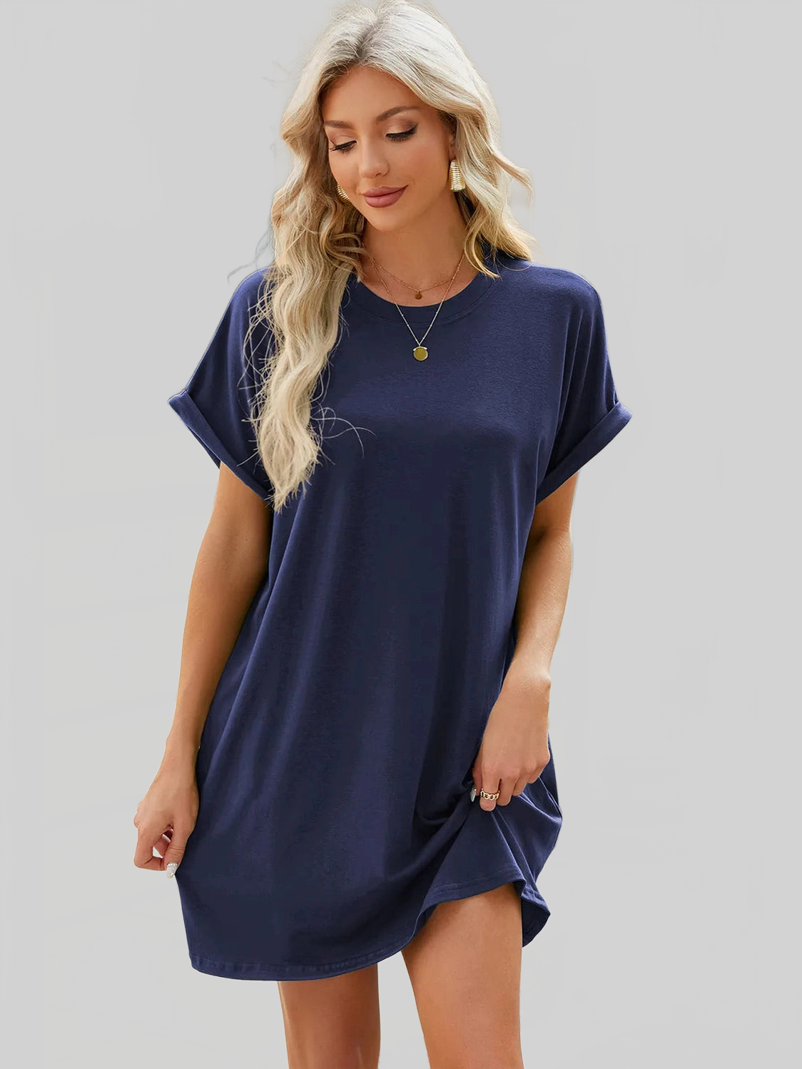 Round Neck Rolled Short Sleeve Tee Dress nicholesgifts