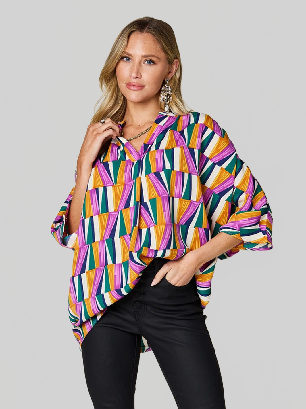 Women Double Take Full Size Geometric Notched Dolman Sleeve Top nicholesgifts