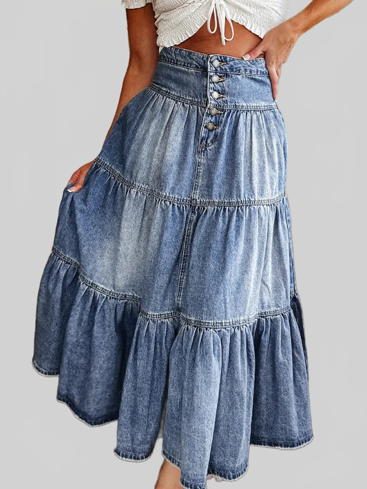 Tiered Button-Fly Denim Skirt nicholesgifts
