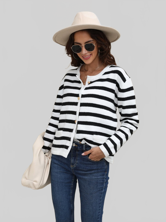 NicholesGifts Women Striped Round Neck Button-Down Dropped Shoulder Cardigan NicholesGifts