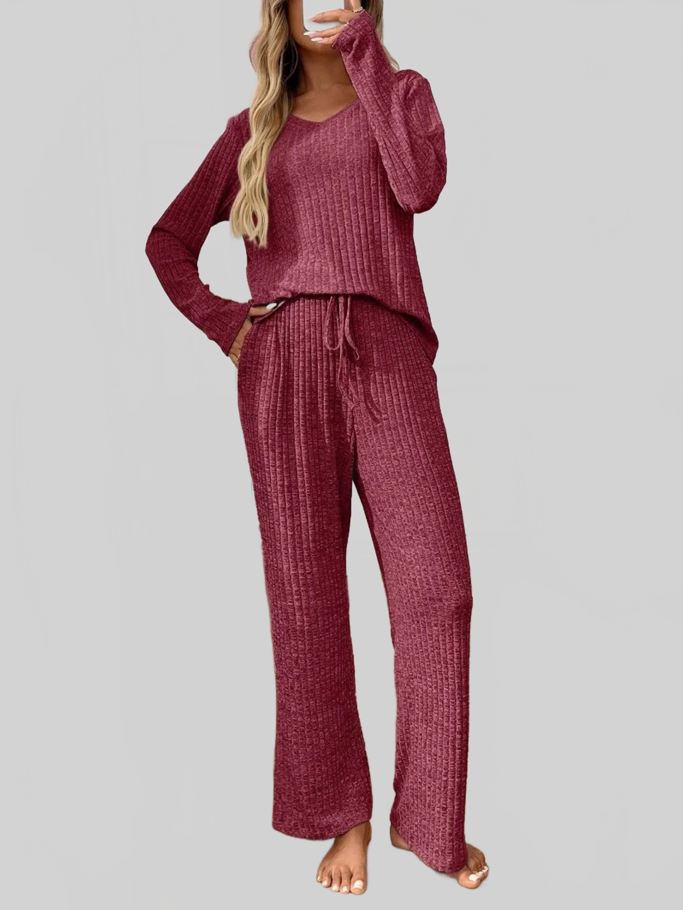 Ribbed Long Sleeve Top and Pants Lounge Set nicholesgifts