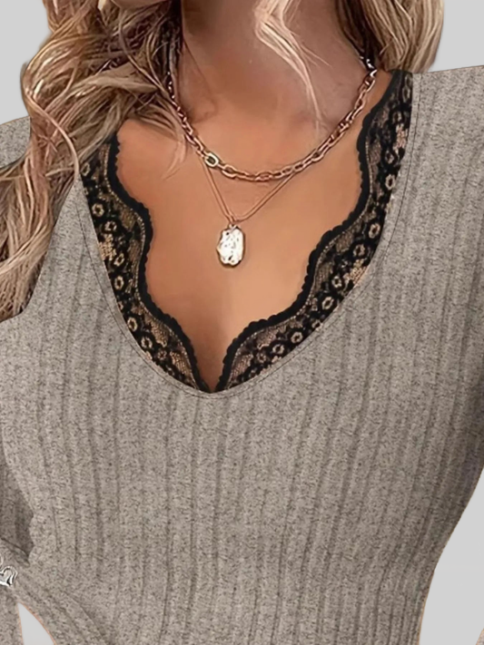 Women Full Size Ribbed V-Neck Lace Trim Long Sleeve T-Shirt Plus Size nicholesgifts