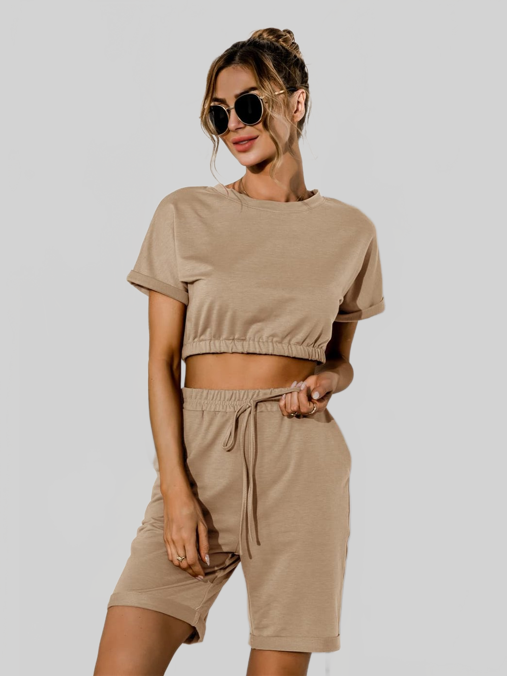 Short Sleeve Cropped Top and Drawstring Shorts Lounge Set nicholesgifts