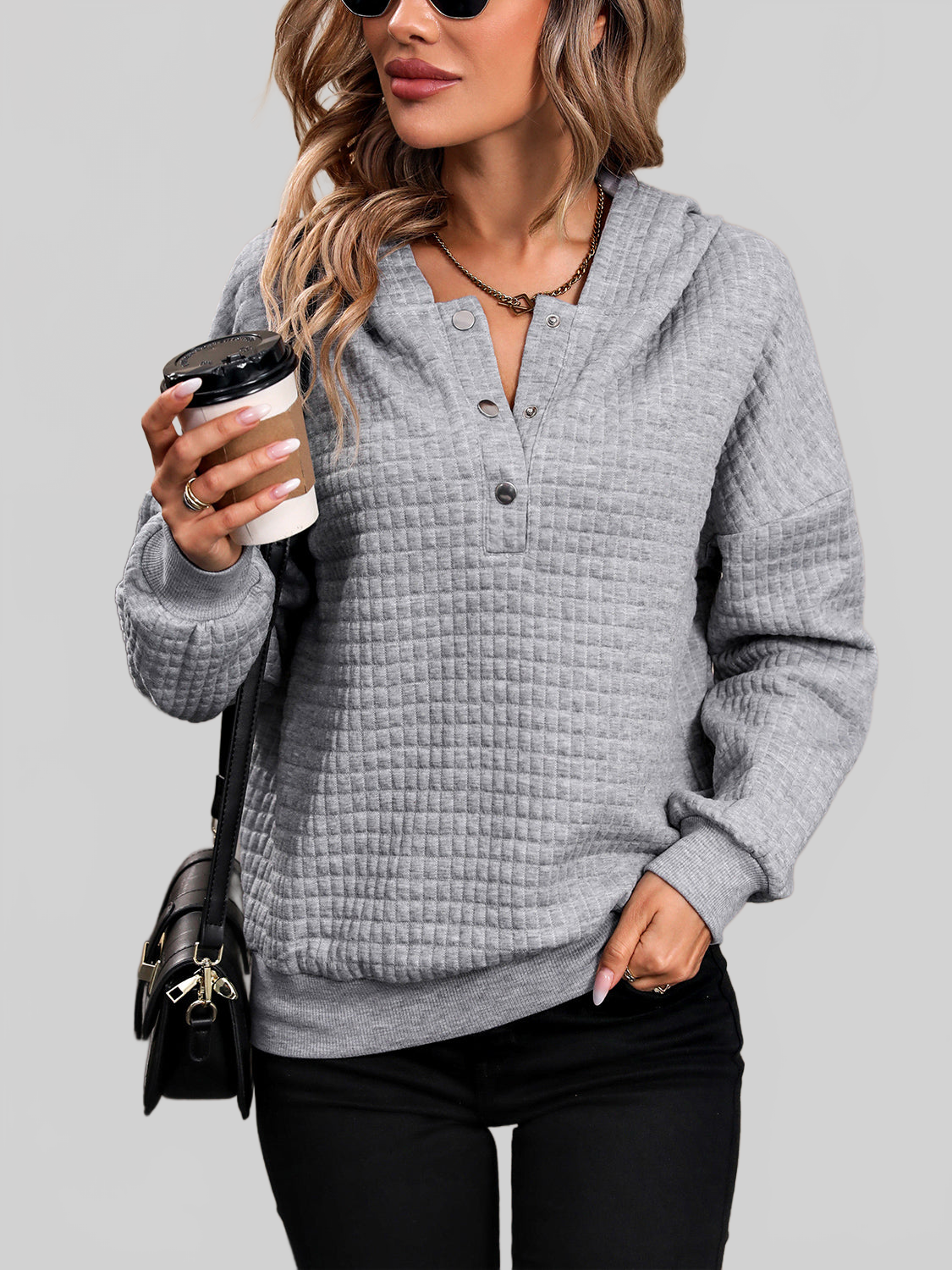 Perfee Waffle-Knit Half Button Hoodie NicholesGifts