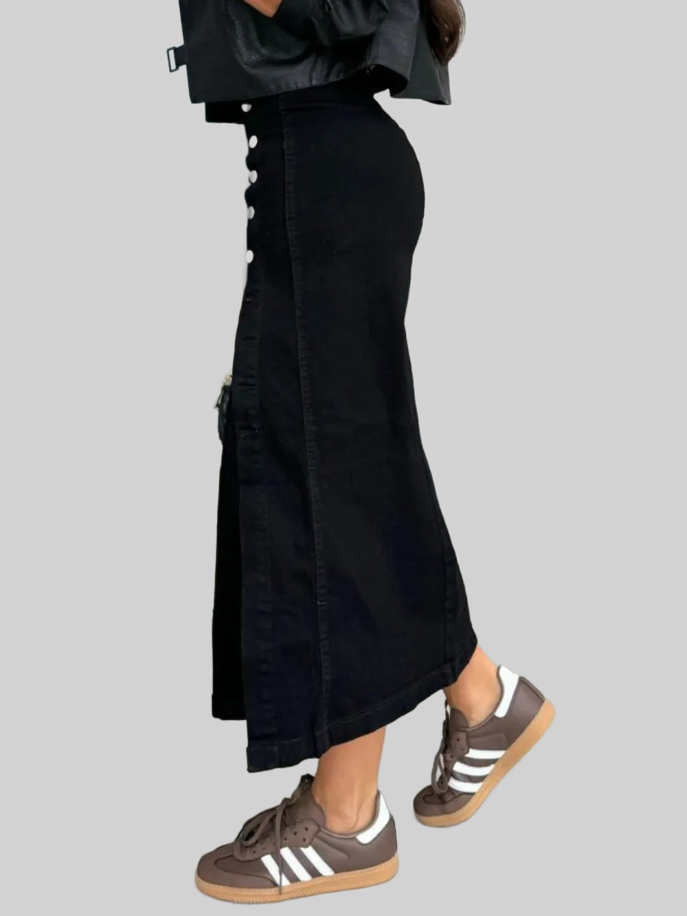 Front Button Slit Midi Denim Skirt nicholesgifts