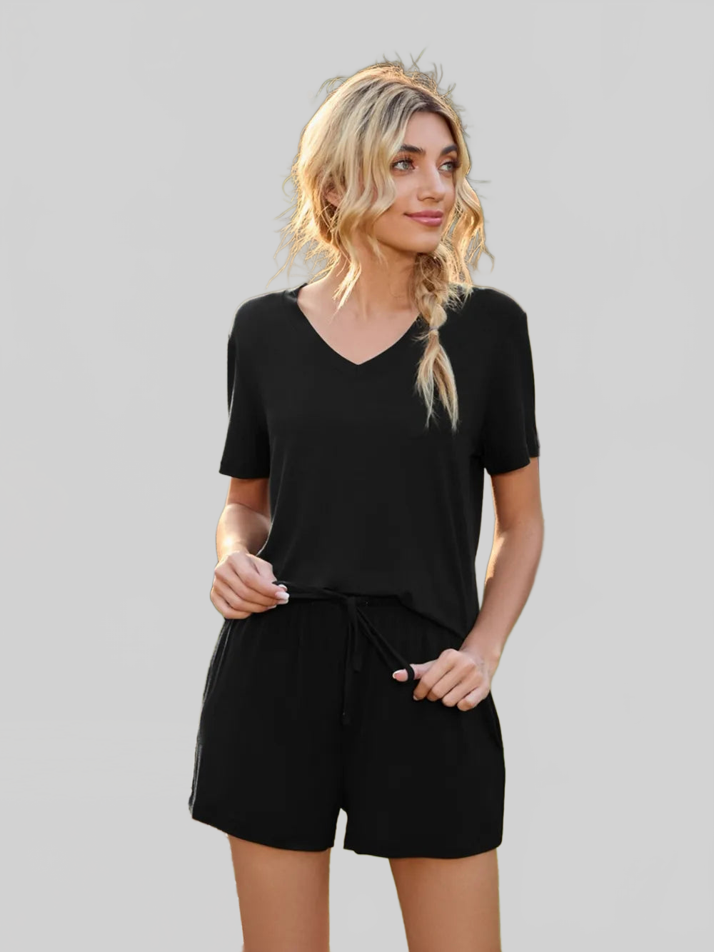 V-Neck Short Sleeve Top and Pocketed Shorts Lounge Set nicholesgifts