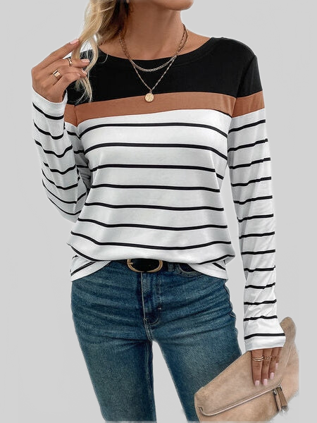Women Striped Round Neck Long Sleeve T-Shirt NicholesGifts