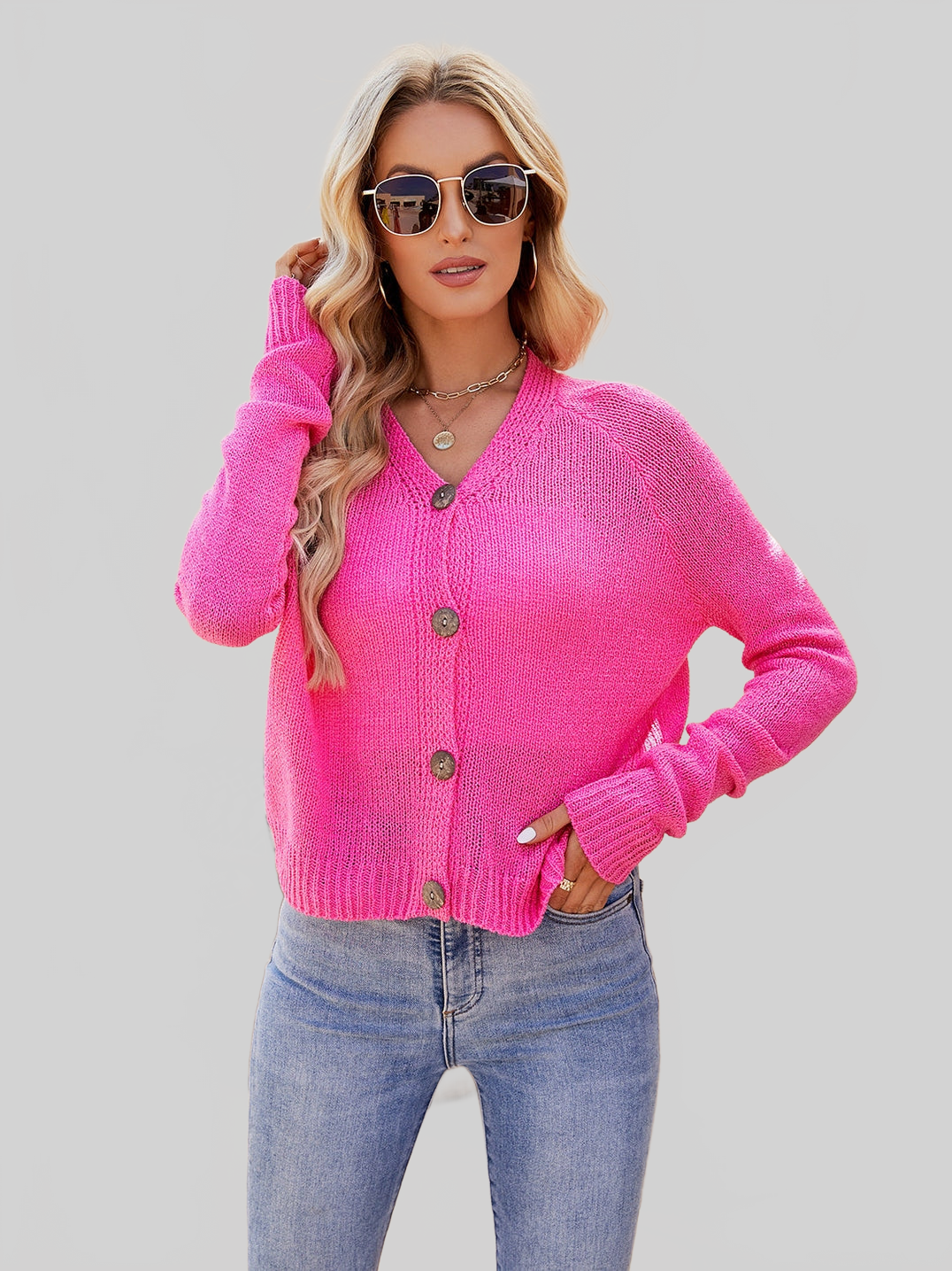 Button Up V-Neck Long Sleeve Cardigan nicholesgifts