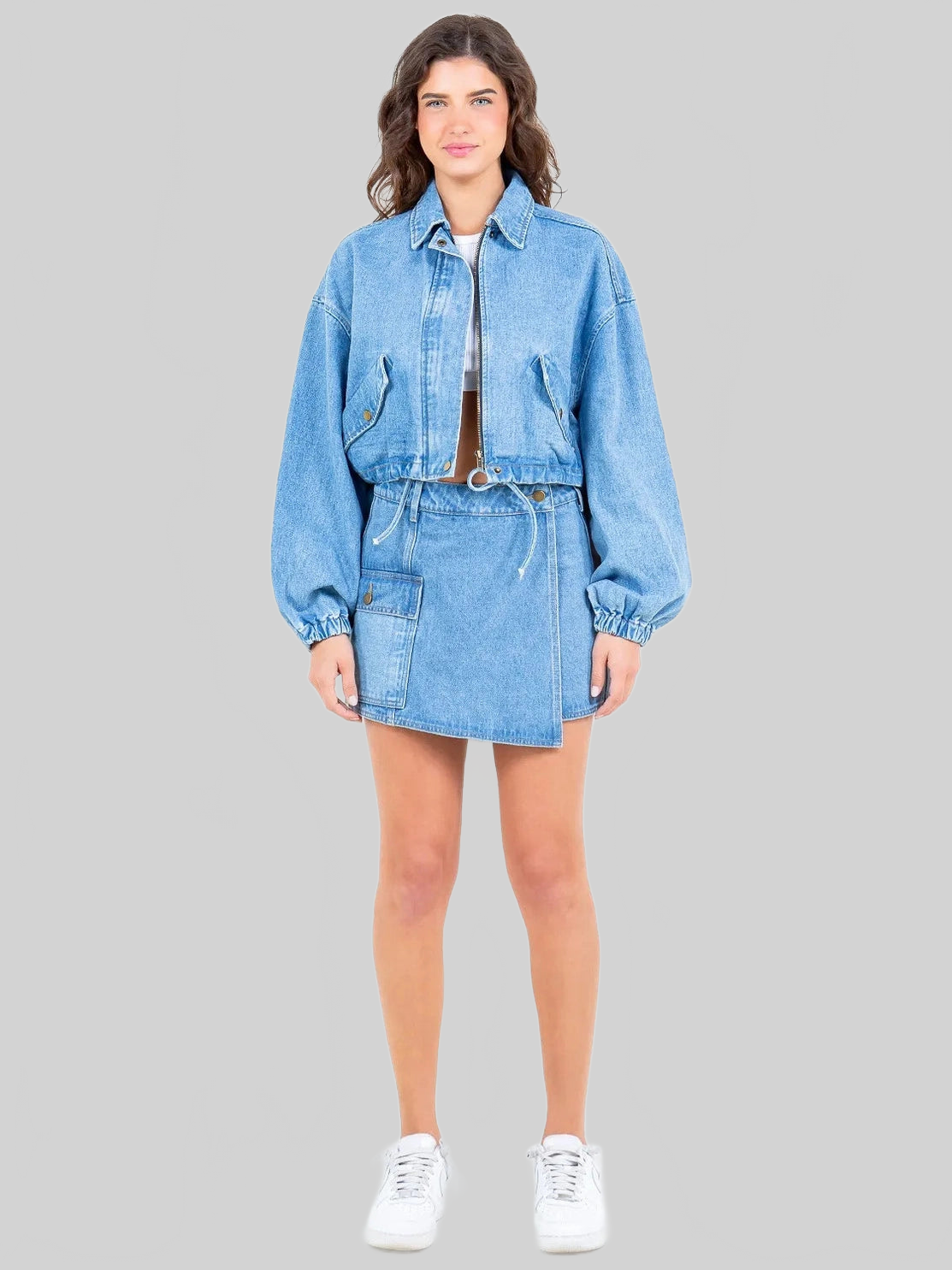 American Bazi Drawstring Waist Crop Denim Jacket nicholesgifts
