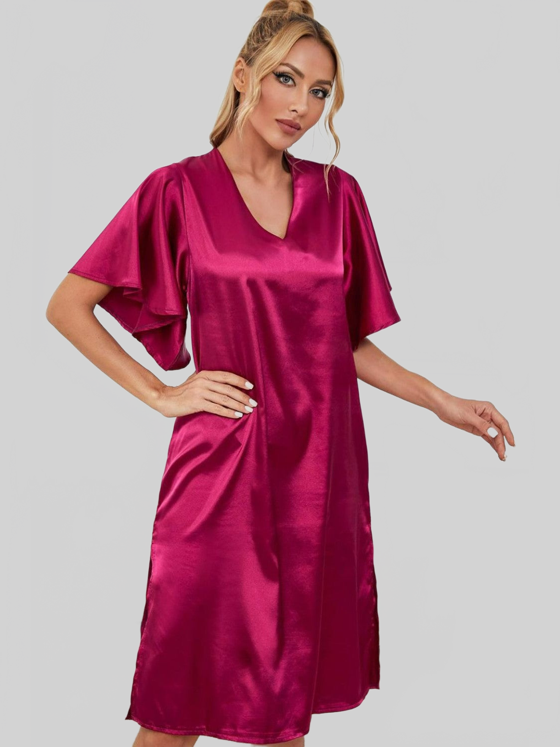 Satin Flutter Sleeve Side Slit V-Neck Night Dress nicholesgifts