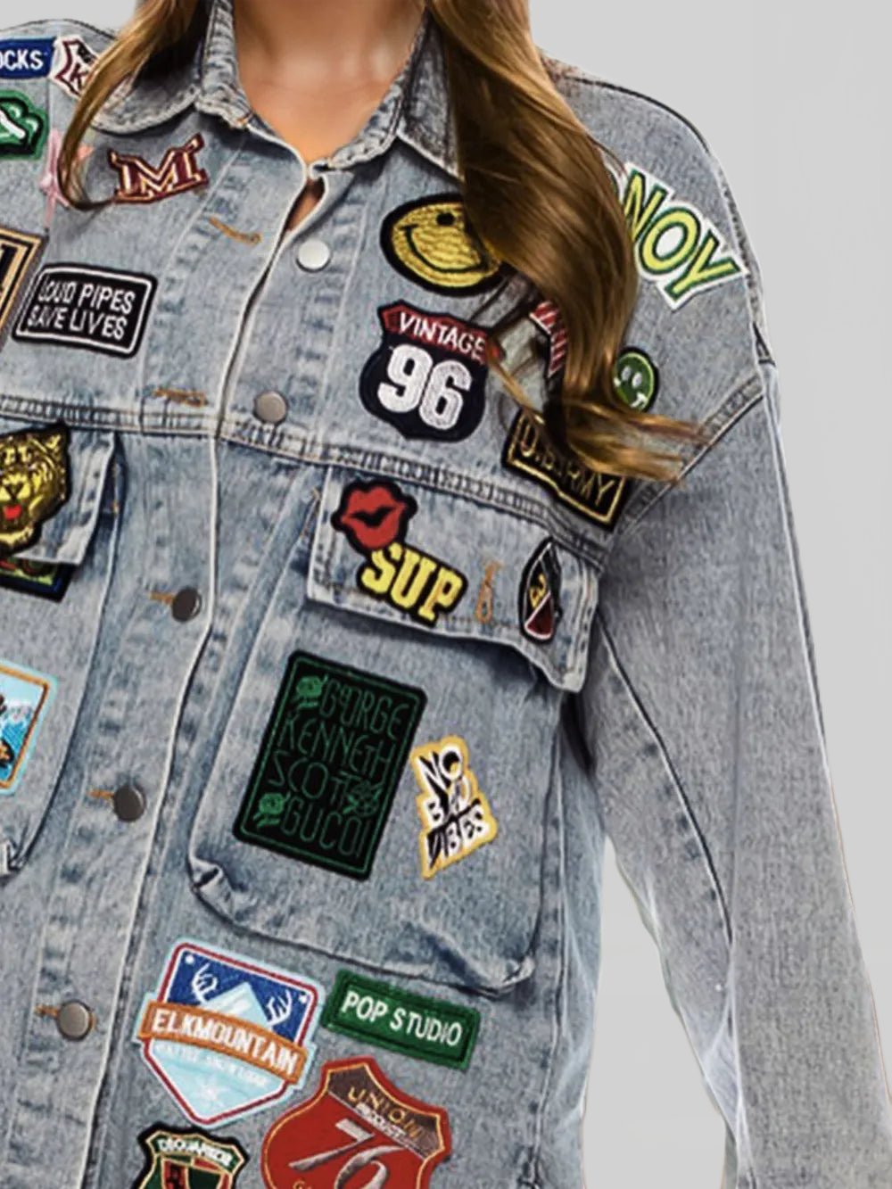 Embroidered Patch Button Up Long Sleeve Denim Jacket nicholesgifts