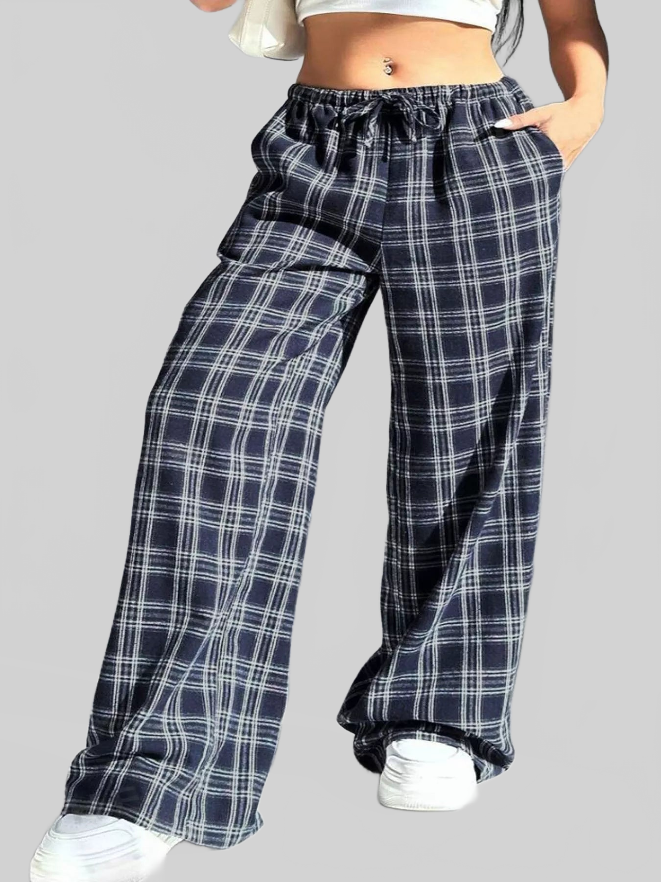 Women Plaid Drawstring Wide Leg Pants nicholesgifts
