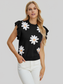 Women Double Take Full Size Ruffled Flower Round Neck Cap Sleeve Black Top NicholesGifts