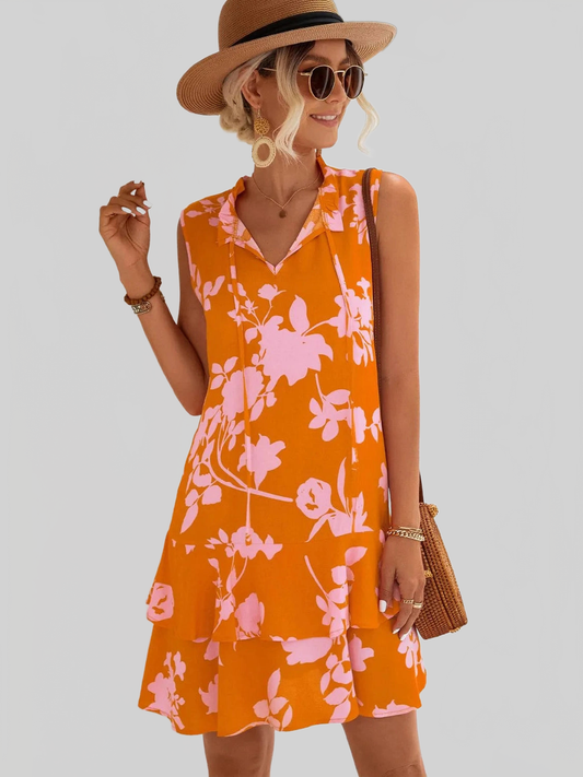 Printed Tie Neck Sleeveless Dress NicholesGifts