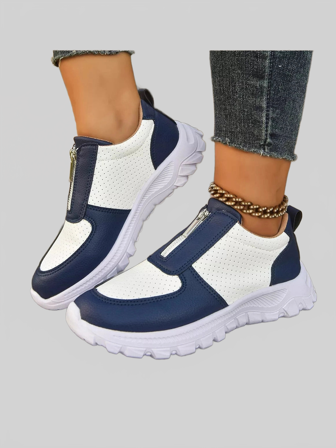 Contrast Breathable Zip Sneakers Trendsi