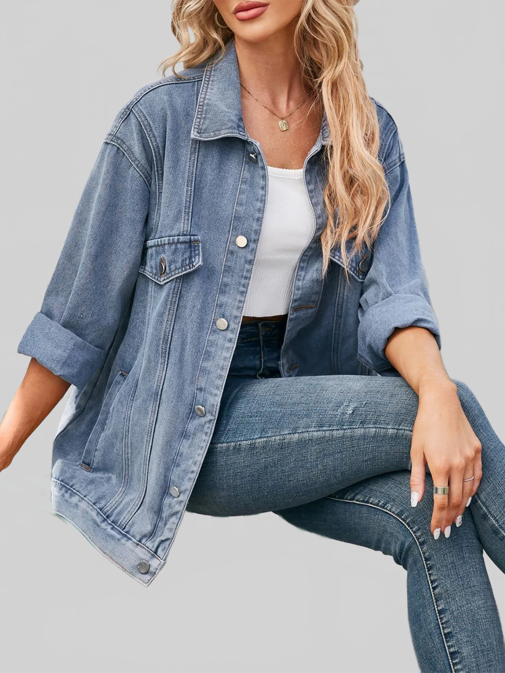 Button Up Long Sleeve Denim Jacket nicholesgifts