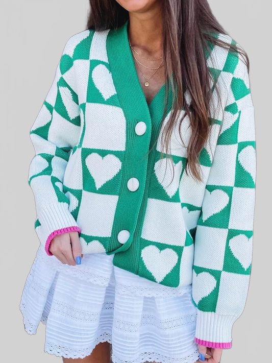 Plaid Heart Knit V Neck Button Down Sweater Cardigan nicholesgifts