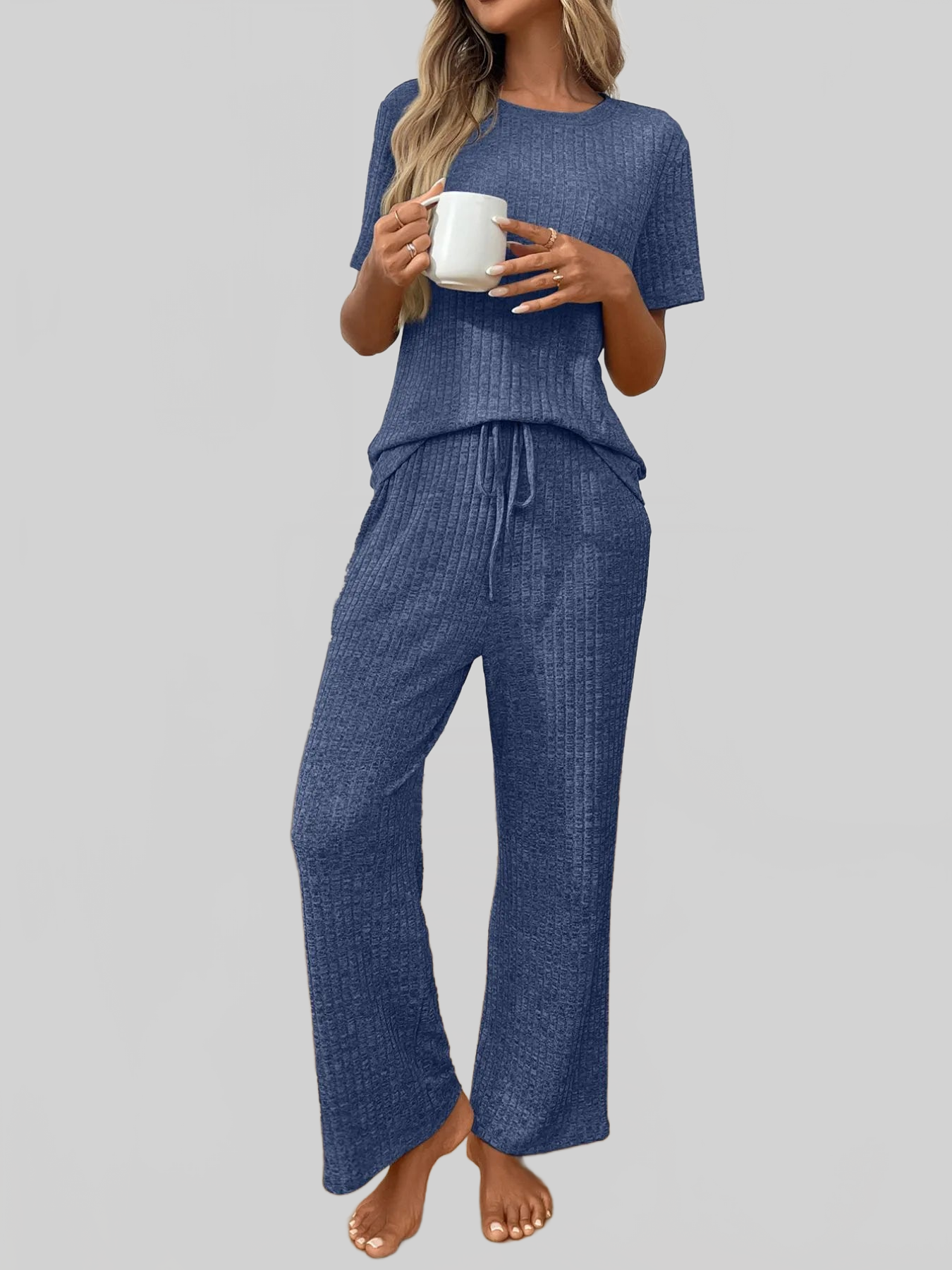 Ribbed Knit Short Sleeve Top and Pants Lounge Set nicholesgifts