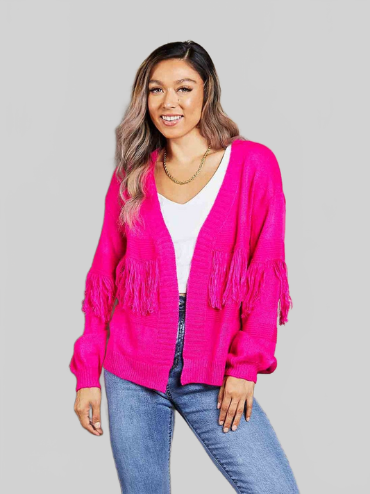 Women Double Take Fringe Trim Open Front Cardigan Sweater NicholesGifts