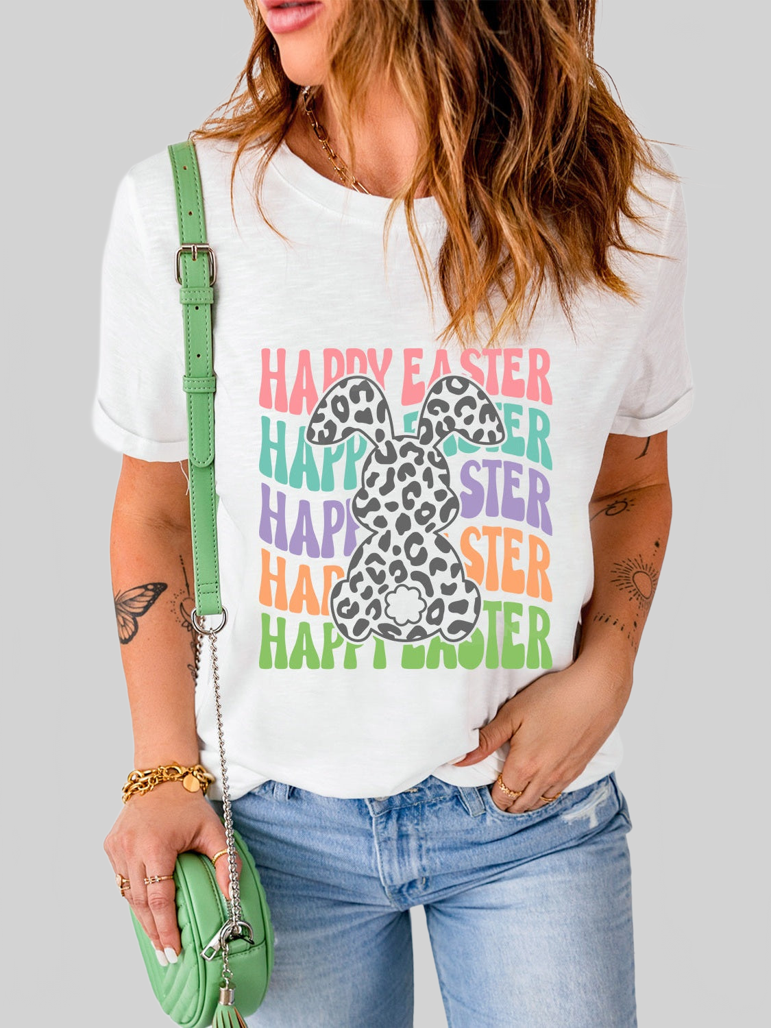 Women Happy Easter Round Neck Short Sleeve T-Shirt nicholesgifts