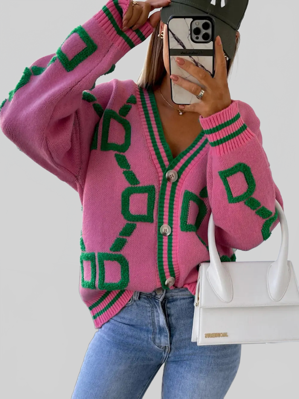 Women Geometric Dropped Shoulder Button Down Cardigan nicholesgifts