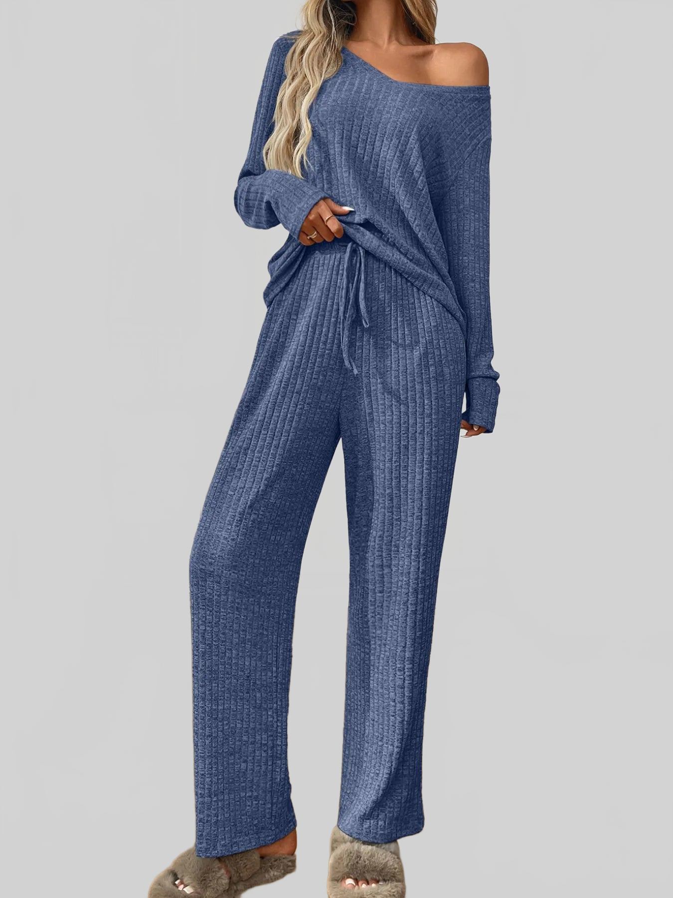 Ribbed Long Sleeve Top and Pants Lounge Set nicholesgifts
