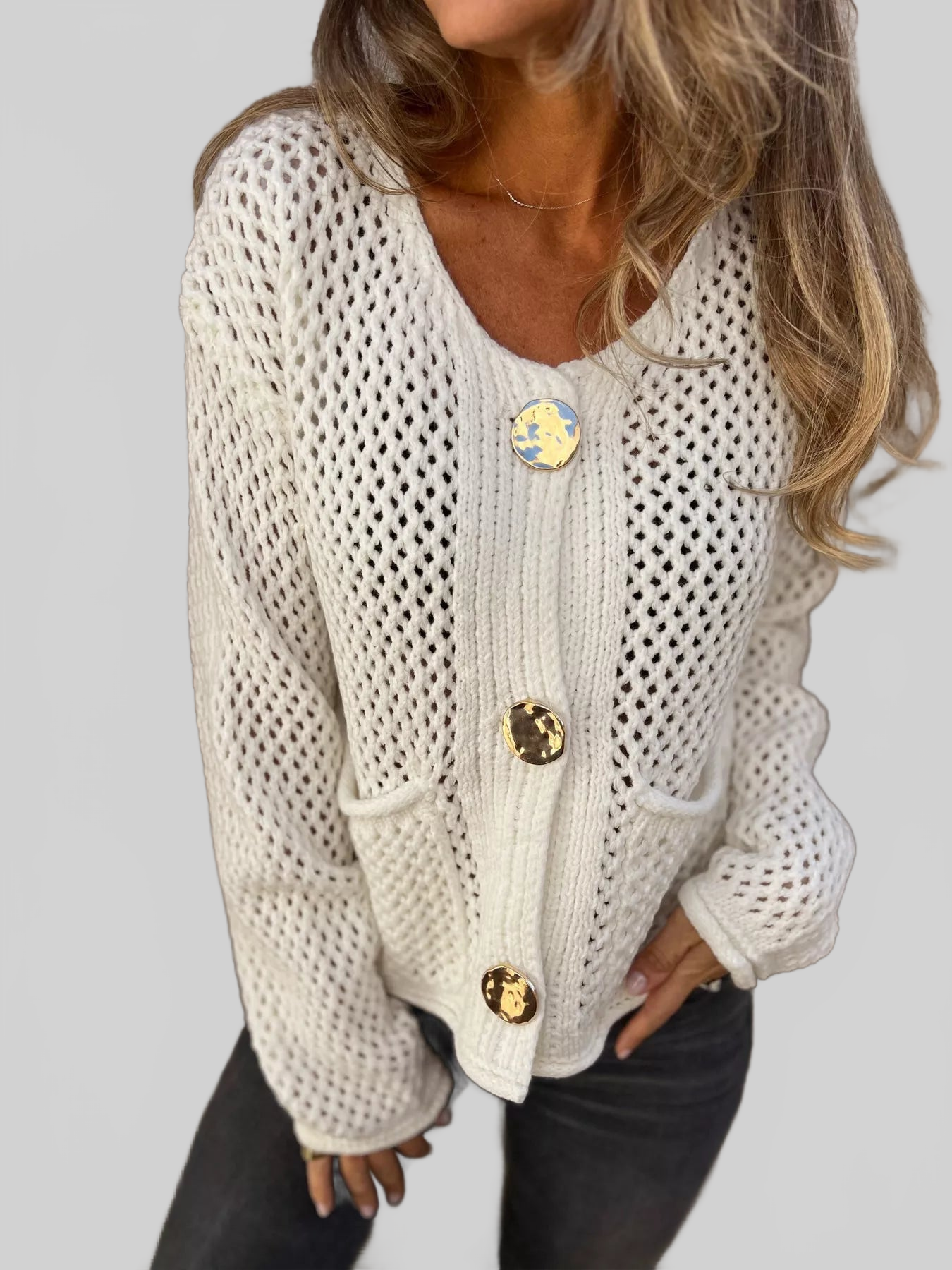 Crochet Button Up Long Sleeve Cardigan nicholesgifts