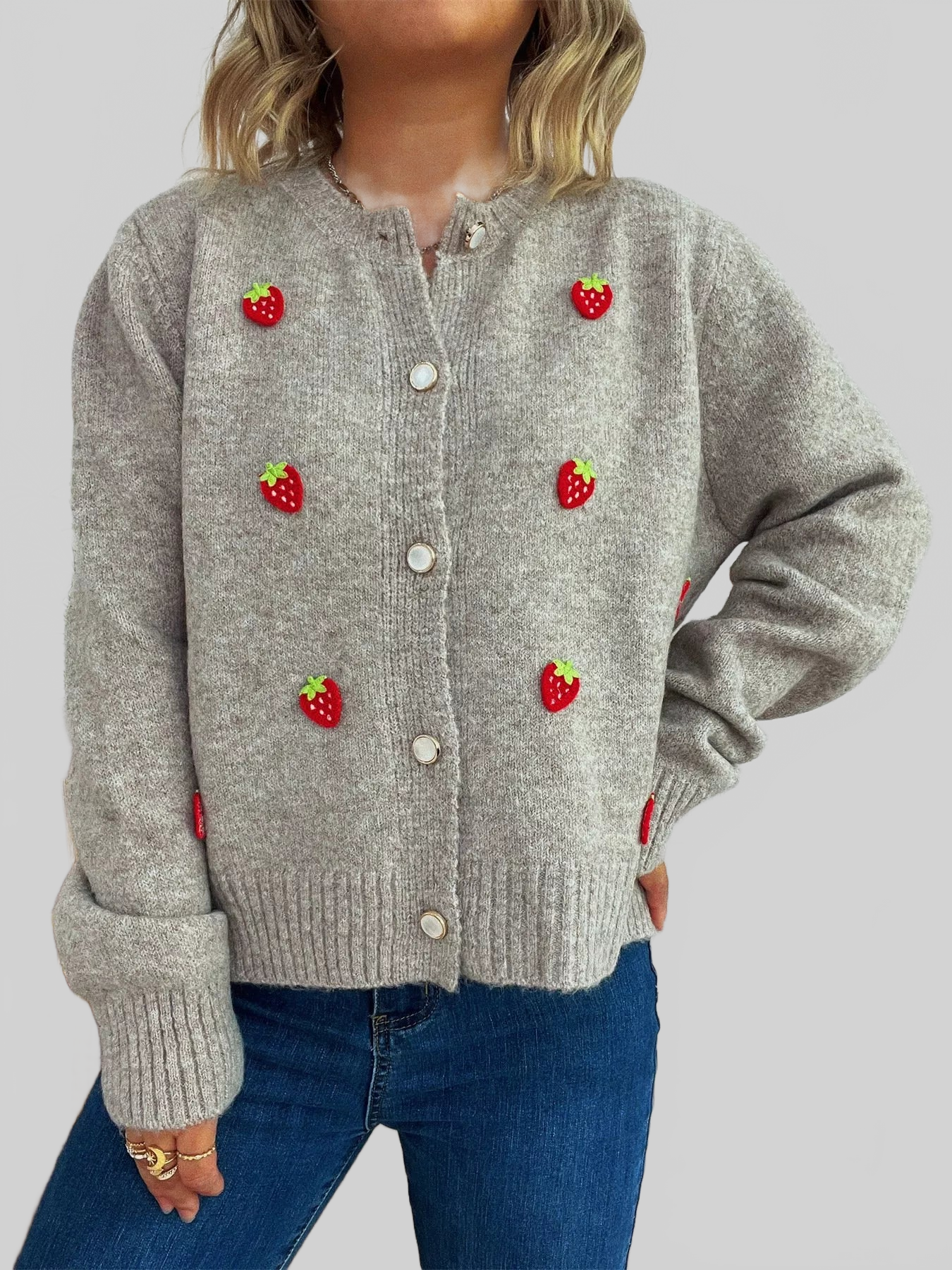 Strawberry Button Up Long Sleeve Cardigan nicholesgifts
