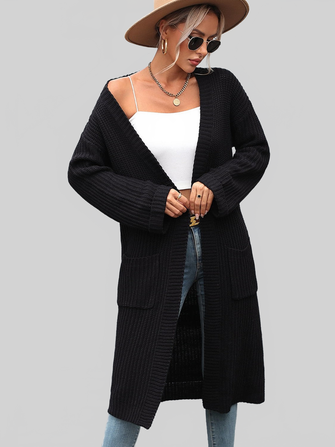 Dropped Shoulder Long Sleeve Cardigan with Pocket nicholesgifts