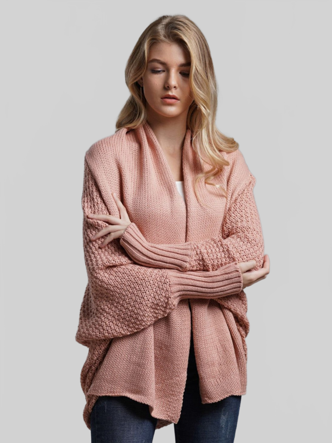 Dolman Sleeve Open Front Ribbed Trim Longline Cardigan nicholesgifts