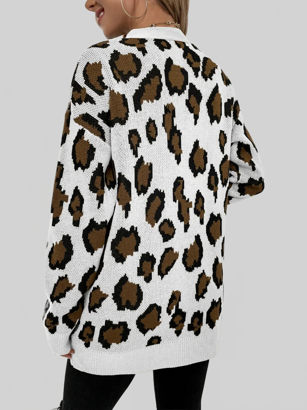Women Leopard Open Front Dropped Shoulder Cardigan nicholesgifts