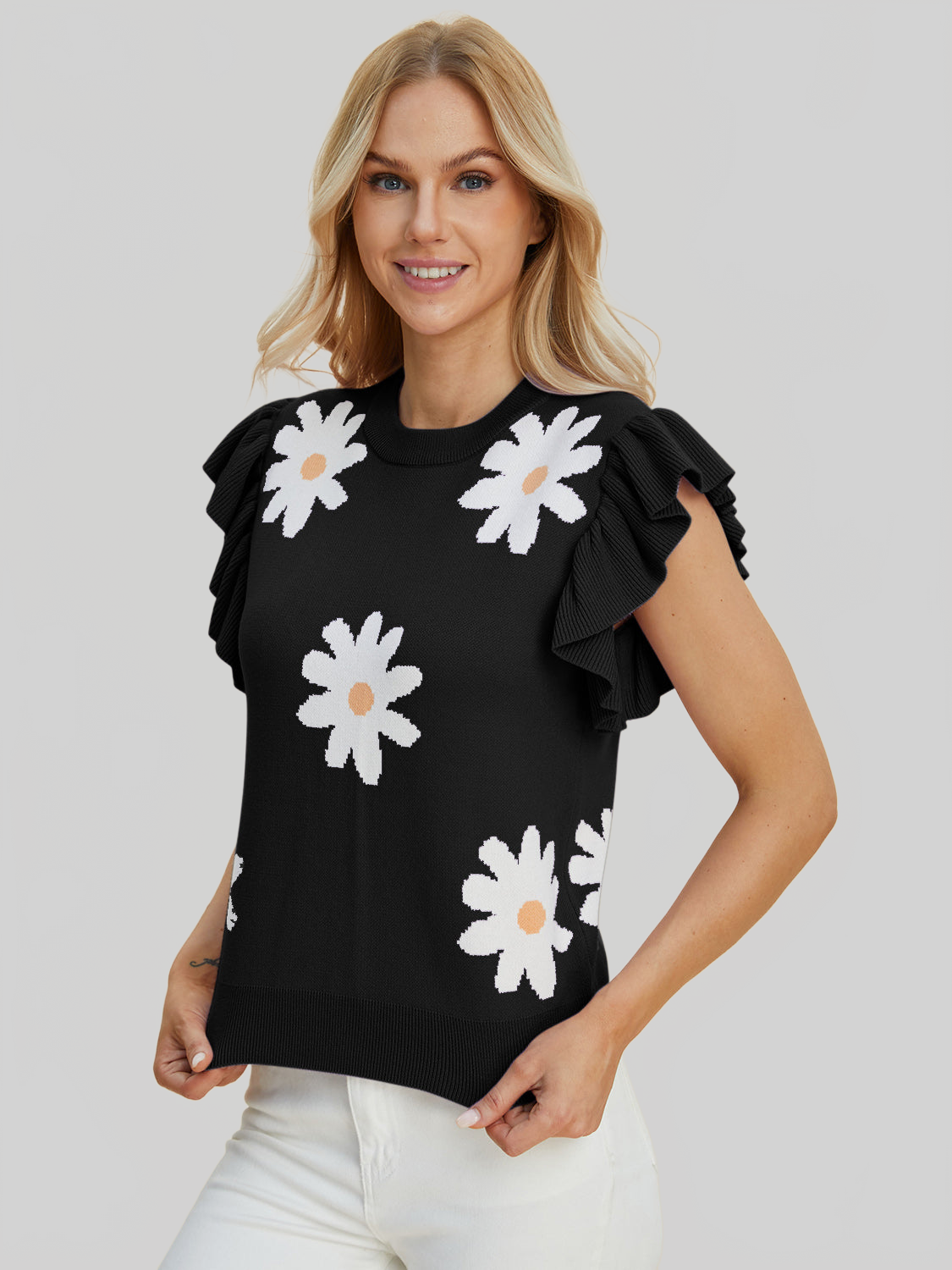 Women Double Take Full Size Ruffled Flower Round Neck Cap Sleeve Black Top NicholesGifts
