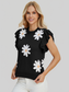 Women Double Take Full Size Ruffled Flower Round Neck Cap Sleeve Black Top NicholesGifts